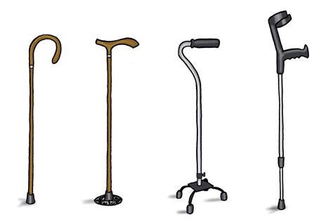 Comparativa visual de diferentes tipos de bastones: tradicional, de base ancha, con empuñadura ergonómica.