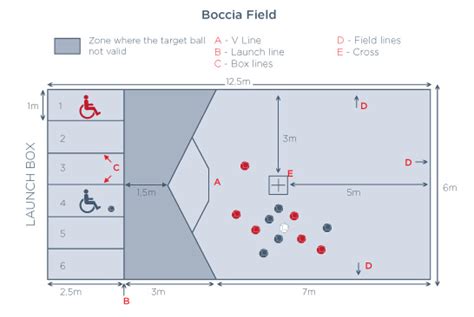 Campo de boccia con compartimentos y bolas de colores