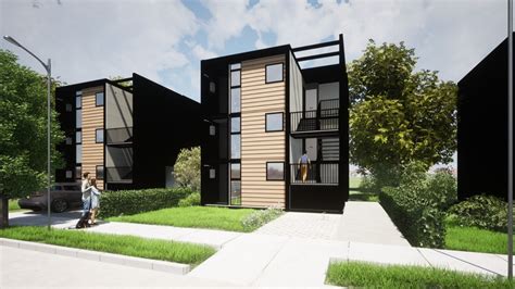 Fotografía de un conjunto de viviendas industrializadas, mostrando su aspecto moderno y terminado.