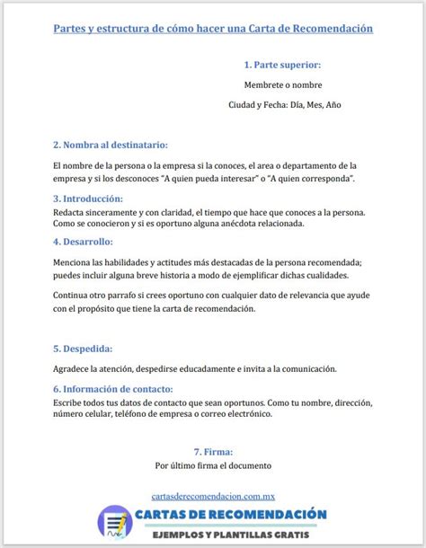 Ejemplo visual de la estructura de una carta de recomendación con secciones claramente definidas.