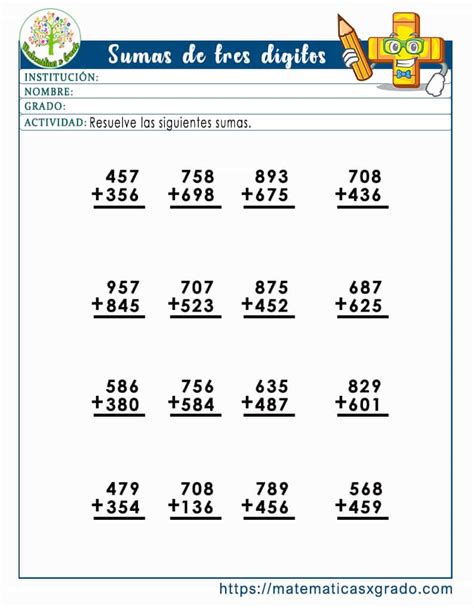 Hojas de ejercicios con sumas de números de 4 cifras y series de círculos.