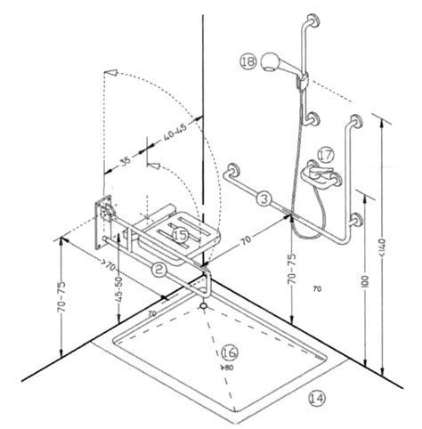 Esquema de una ducha adaptada mostrando el plato a ras de suelo, la pendiente y el espacio para silla de ruedas.