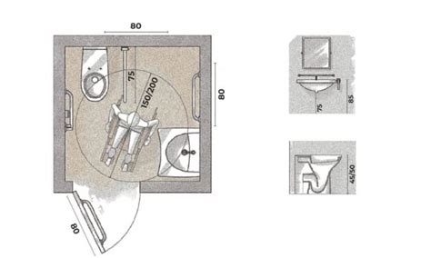 Diagrama de un baño adaptado en Chile, mostrando el radio de giro y la ubicación de los elementos.