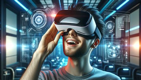 Foto de una persona mayor usando gafas de realidad virtual, sonriendo y con un cuidador al lado.