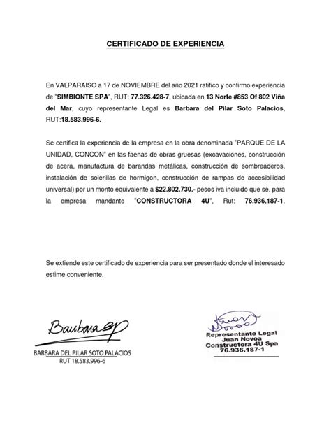 Esquema de un certificado de experiencia técnica