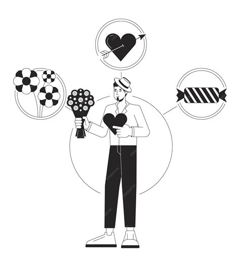 Personaje caricaturesco representando el arquetipo del Amante, rodeado de corazones y elementos de belleza