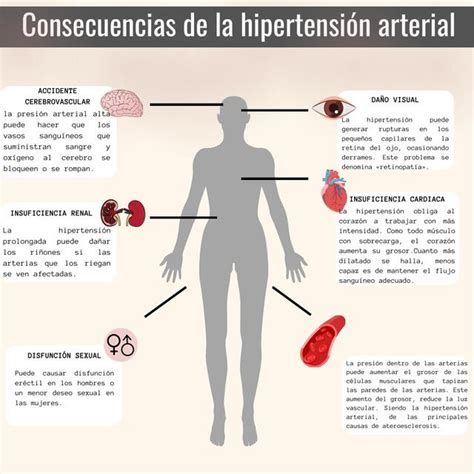 Esquema de las principales consecuencias de la hipertensión arterial no controlada en el cuerpo humano