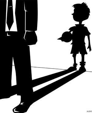 Ilustración abstracta de un adulto con una sombra de niño o rodeado de juguetes infantiles