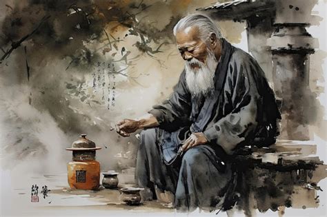 Pintura tradicional china de un anciano en un entorno natural