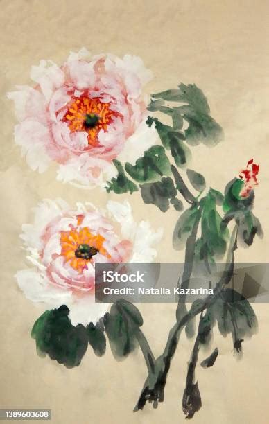Pintura tradicional china de peonías y una flor de ciruelo