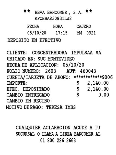 Ejemplo de comprobante de depósito directo de ahorro voluntario con notas aclaratorias
