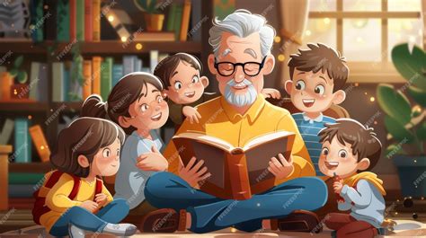 Ilustración de un abuelo leyendo un libro de cuentos a sus nietos