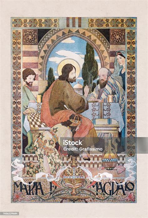 Ilustración de María postrada a los pies de Jesús