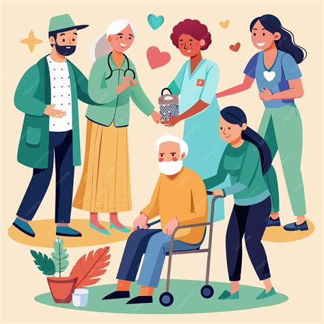 Ilustración de una persona mayor siendo cuidada por varios miembros de la familia, representando el apoyo compartido.