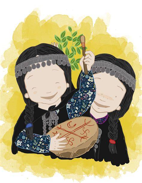 ilustración de una ruca mapuche con personas participando en un taller de artesanía