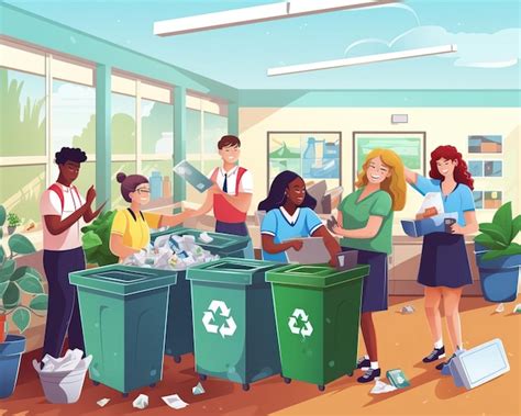 Foto de niños reciclando en una escuela o contenedores de reciclaje escolares