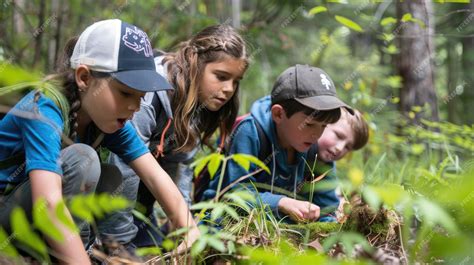 niños explorando un bosque y recogiendo hojas