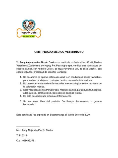 Ejemplo de certificado veterinario para registro de mascotas