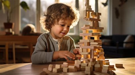 Niño frustrado haciendo una torre de bloques que se cae
