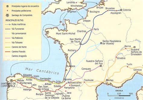 Mapa de rutas de peregrinación medieval con ubicaciones de hospicios