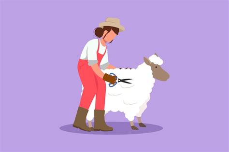 Ilustración de una oveja siendo esquilada con cuidado por un granjero