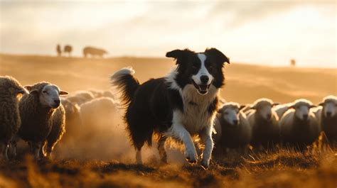 Un perro border collie pastoreando un rebaño de ovejas en una pradera