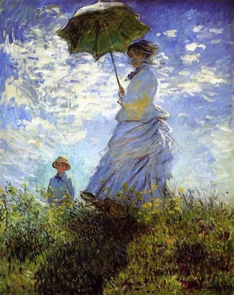 Pintura impresionista de Claude Monet con figuras y paraguas