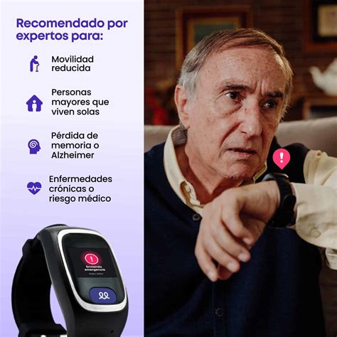 Imagen de un reloj Durcal en la muñeca de una persona mayor, con iconos de salud y ubicación.