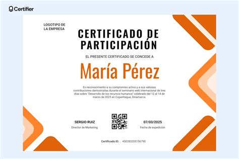 Ejemplo de un certificado de participación con campos para nombre del curso y horas.