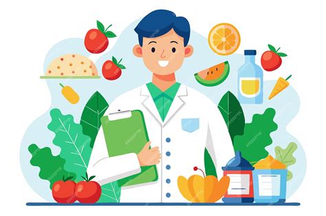 Ilustración de un nutricionista asesorando a un paciente con alimentos saludables.