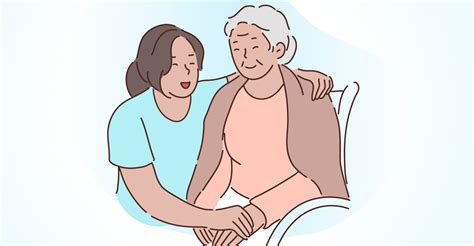 ilustración de una persona cuidando a un anciano, con un símbolo de autocuidado para el cuidador