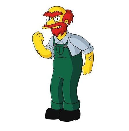 Foto de Willie el jardinero de Los Simpson, con su aspecto característico de hombre hosco, calvo, con barba pelirroja y mono de trabajo.