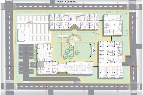Plano o render 3D de un centro geriátrico moderno con amplios espacios verdes