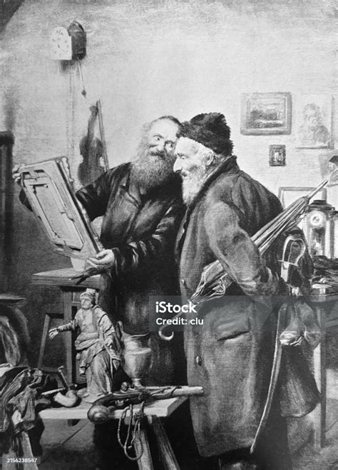 ilustracion de ancianos con largas barbas y una mujer joven en un jardín al atardecer