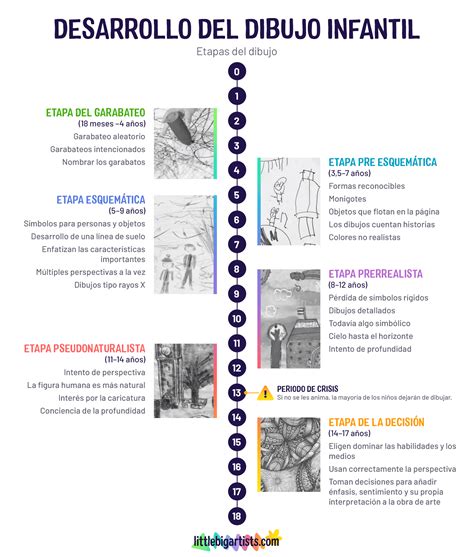 Infografía sobre las etapas del dibujo infantil, desde garabateo hasta representaciones más complejas