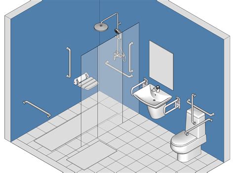 Esquema de un baño adaptado para adultos mayores con barras de apoyo y suelo antideslizante.