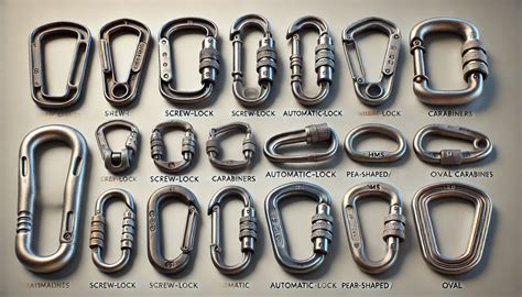 Muestra de diversos mosquetones y pinzas metálicas utilizados en lanyards