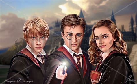 Ilustración de Harry Potter, Ron Weasley y Hermione Granger en su vejez, generada por inteligencia artificial.