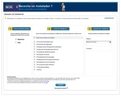 Captura de pantalla del buscador de instaladores SEC