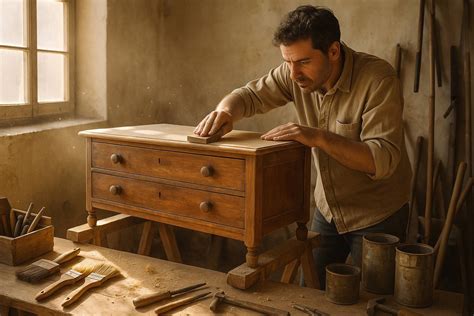 Persona limpiando y lijando un mueble antiguo para restaurar