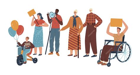 Ilustración de un grupo diverso de personas, incluyendo a una persona en silla de ruedas y a una persona ciega con un perro guía, participando en un simulacro de evacuación.