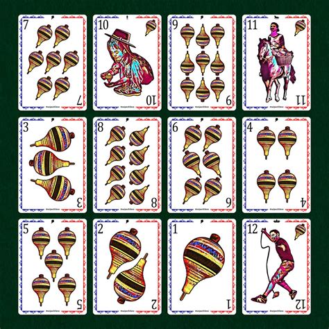 Imagen de naipe chileno (cartas de Empanada, Trompo, Moai, Copihue)