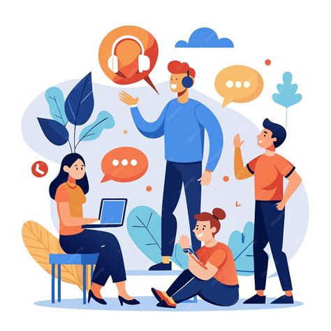 ilustracion de personas comunicandose con diferentes herramientas de apoyo