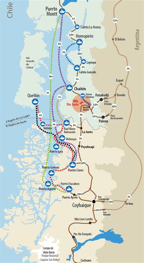 Mapa de la Carretera Austral con puntos de interés: Coyhaique, Puerto Río Tranquilo, Cochrane, Confluencia Río Baker