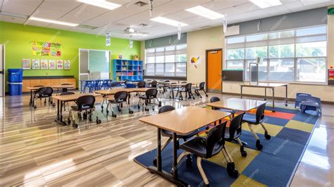 Diseño de aula inclusiva con rampas, pupitres ajustables y tecnología de asistencia
