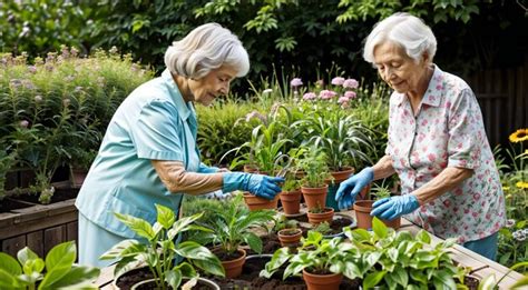 Foto de personas mayores cuidando plantas en macetas elevadas