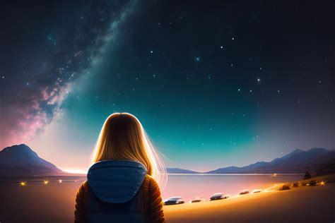 Una joven mirando pensativa el cielo nocturno con dos lunas