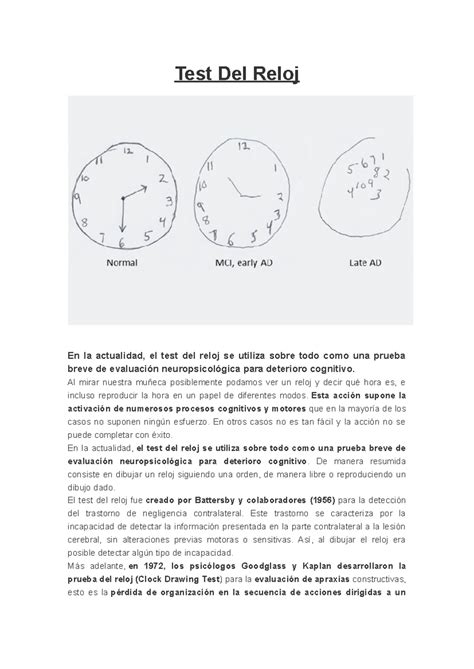 Ilustración de un ejemplo de test de reloj para evaluar la cognición