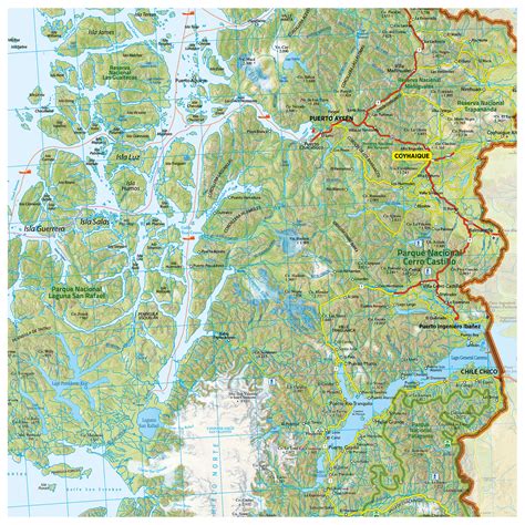 mapa de la región de Aysén con los principales centros urbanos
