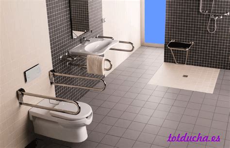 Ilustración mostrando un baño adaptado con ducha a ras de suelo, barras de apoyo y lavabo accesible.